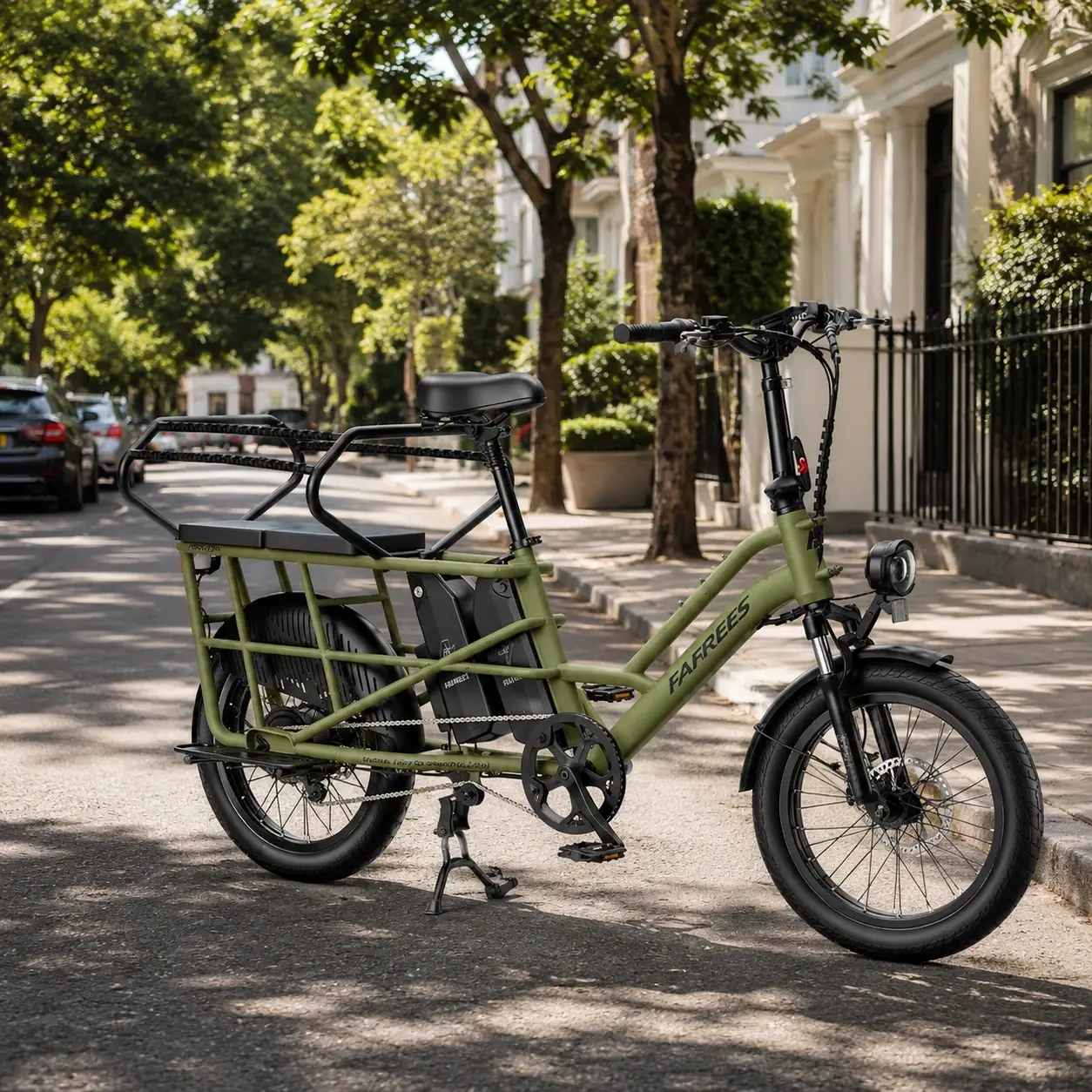 E-bike de carga con caja delantera transportando a dos niños