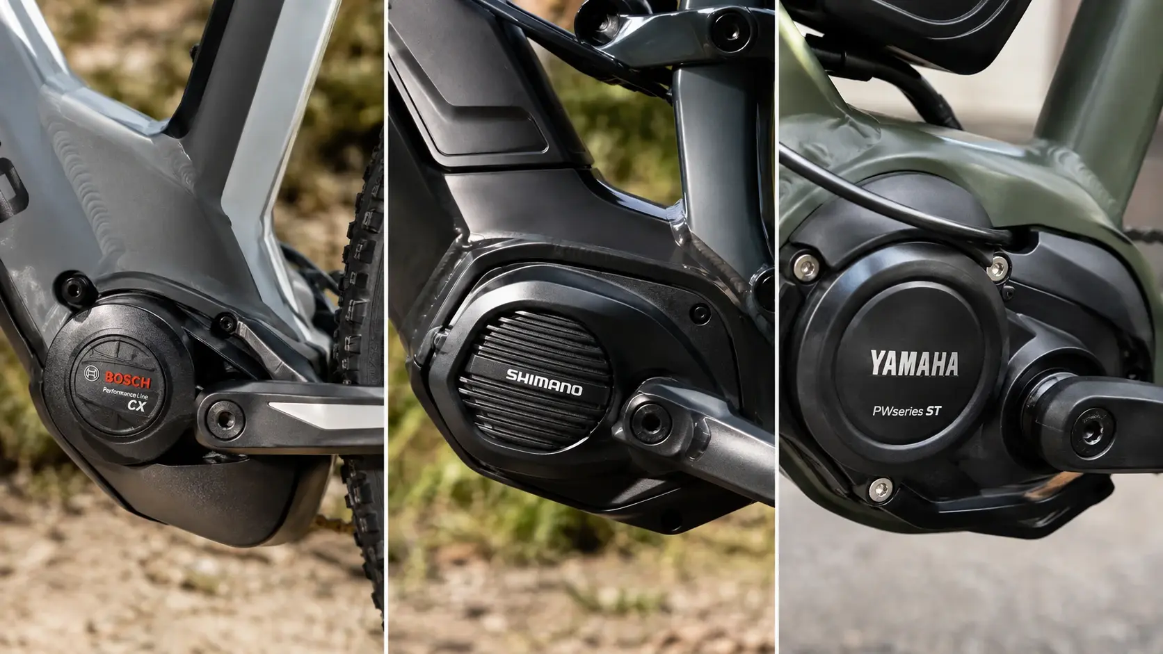 Primer plano de tres motores de e-bike distintos montados en cuadro