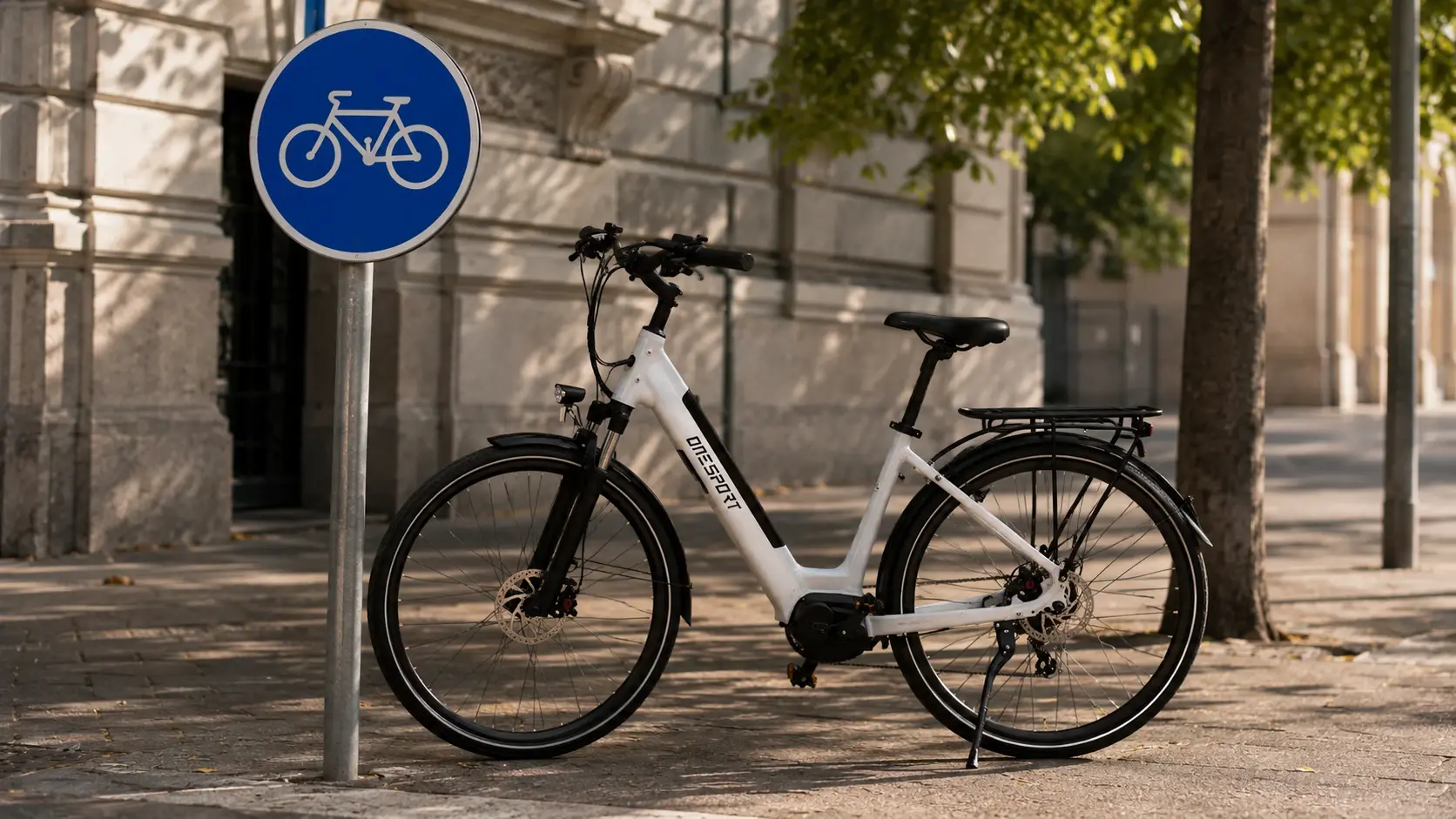 Señal de tráfico de carril bici junto a una e-bike aparcada