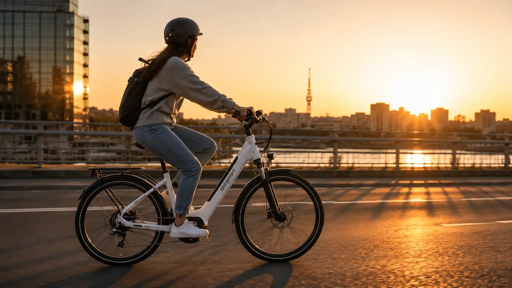 Persona pedaleando una e-bike urbana al atardecer